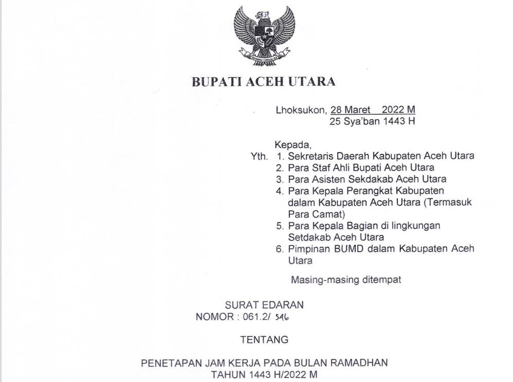 SURAT EDARAN BUPATI ACEH UTARA  TENTANG PENETAPAN JAM KERJA PADA BULAN RAMADHAN TAHUN 1443H12O22M